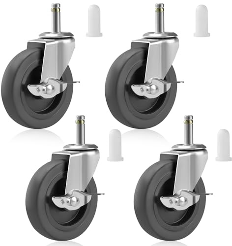 Besitu 4 Inches Stem Caster Wheels, 7/16-Inch Stem Diameter Swivel Casters Set of 4 with Side Brake, Heavy Duty TPR Replacement Wheels for Utility Cart Rubbermaid Mop Bucket Shop Vac Weber Grills