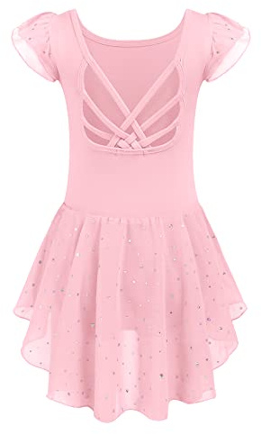 Arshiner Ropa de Ballet para Niñas - Leotardo de Danza de Algodón con Vestido de Ballet de Manga Corta y Falda Irregular - Tutu Rosa - Talla 7-8 Años