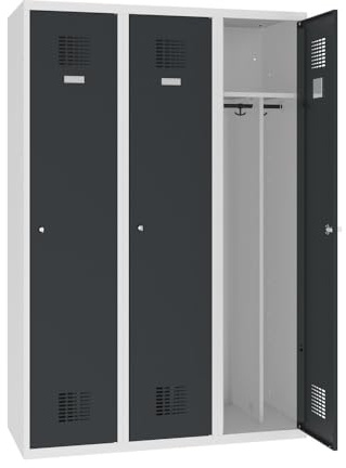 Steinbock Spind bodenstehend | 3 Abteile mit Mitteltrennwand | HxBxT 180 x 120 x 50 cm | abschließbar | Drehriegelverschluss | Anthrazit | Metallspind inkl. Hutablage, Kleiderstange, Namensschild