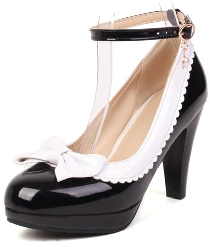 Escarpins Femme À Talon Conique avec Plateforme Bride Cheville Bowknot Talons Hauts Chaussures Bout Rond Boucle Elegant Chaussures, M19432Hp Noir Taille 44 EU/46Cn