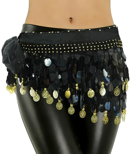 Baisdan Women's Belly Dance Hip Scarf, Belly Dancing Skirt Wrap with Bling Sequins Coins Belly Dance Costume Black