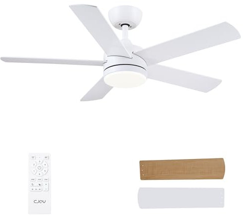 CJOY Ceiling Fans with Lights, 42 inch White Ceiling Fans with Lights and Remote Control, Quiet Reversible DC 5 Bades, Memory 3CCT, Dimmable, Sleep Mode, Timer, Use for Bedroom/Living Room/Kitchen
