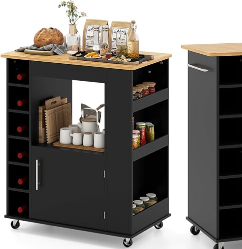 KOMFOTTEU Carrello da Cucina in Legno, Carrello di Servizio con 3 Organizzatori, Impugnatura e 6 Scomparti per vino, Isola da Cucina su Ruote con Piano in Bambù, per Sala da Pranzo, Bar (Nero)