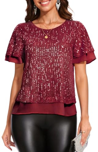 DRESSTELLS Sparkly Sequin Tops for Women, Vintage Glitter Cocktail Party Top, Petite Short Sleeve Ruffle Wedding Guest Dressy Concert Blouse Burgundy S