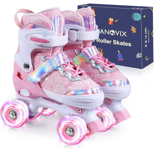 Huanovix Kids Roller Skates, 4-Size Adjustable RollerSkates with Light Up Wheels, Indoor Outdoor Illuminated Skates for Girls Boys Toddlers Youth Adult (Pink, L(US 3-6/8.5-10.5 in))