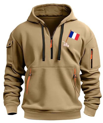Sweat à capuche à demi-fermeture éclair pour homme avec graphique du drapeau de la France tendance, manches longues, veste zippée, pull d'hiver pour homme avec poches, sweat de travail et de sport