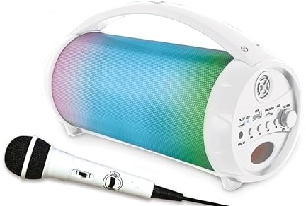 Lexibook iParty - Altoparlante portatile Bluetooth con microfono, stereo, effetti di luce, karaoke, wireless, radio FM, USB, scheda SD, batteria ricaricabile, bianco, BTP585ZLXB