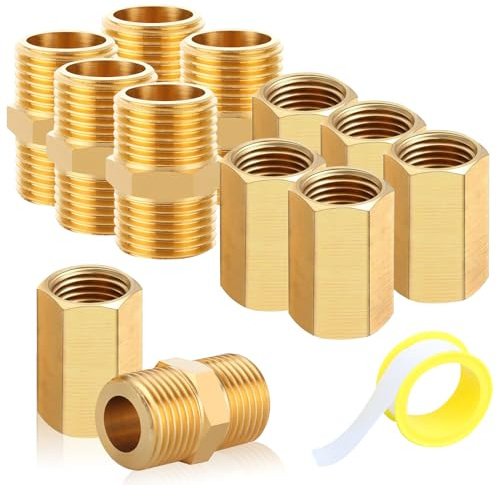 12 piezas de latón y manguito de 1/2, rosca exterior de 1/2 y rosca interior de 1/2, manguito hexagonal, rosca AG/IG con cinta de sellado de 2 m, conector de tubo para tubo de agua y manguera de