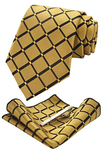 JEMYGINS Conjunto de Corbata Cuadros y Pañuelo para Hombre de Boda con Pinza para Corbata Sólido Amarillo oscuro