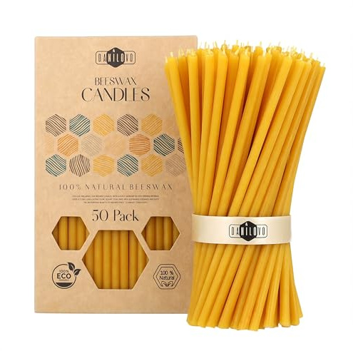 Danilovo Beeswax Candles 50 pcs (Yellow) - Orthodox Prayer Candles, Table Decor - Clean Burning, Dripless, Cotton Wick (Height 6,3 in)