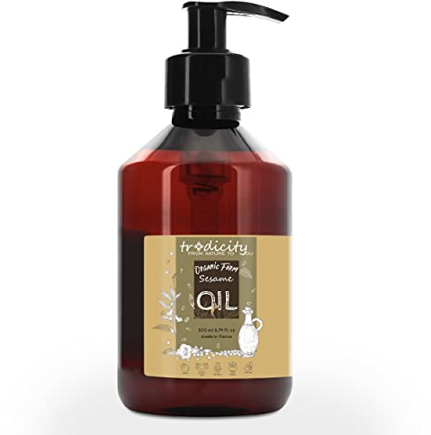 100% reines, natürliches und kaltgepresstes Bio-Premium-Sesamöl (Sesamsamenöl). Zertifiziert biologisch aus biologischen Sesamsamen extrahiert, Naturkosmetik für Zuhause - 500 ml