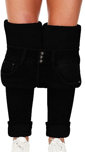 Qazel Vorrlon Women's Fleece Lined Jeans for Women Winter Warm Flannel Lined Jeans Womens High Waisted Skinny Stretch Denim Leggings Pants Black, Size 4