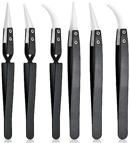 Aemygo 6 Pcs Precision Reverse Ceramic Tweezers Set, Non-Conductive Heat-resistant Electronics Soldering Tweezers Anti-Magnetic Pointed & Curved Tips Tweezers for Solder, Pinching Coils (Black)