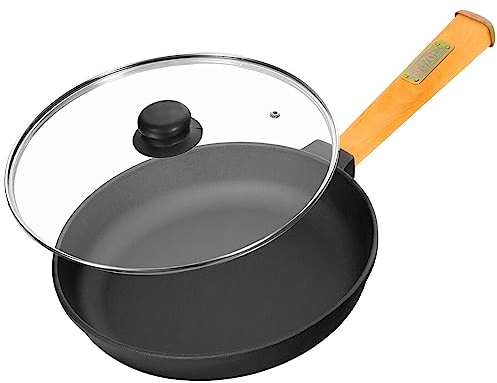 4BIG.fun Ø24 cm Gusseisenpfanne mit Glasdeckel 47 mm hoch Holzgriff abschraubbar Bratpfanne Gusseisen Pfanne geeignet für Gasgrill, Backofen, Feuerstelle Induktion und alle Herdarten