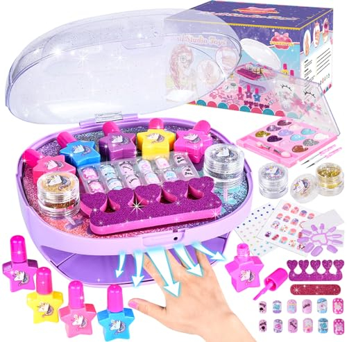 FORMIZON Nagelstudio Kinder Mädchen, Geschenke für Mädchen Nagellack Set, Nagelkunst Kinder 6 7 8 9, DIY Schminkkoffer Spielzeug, Kinderschminke Set mit Nageltrockner für Geburtstag Weihnachten