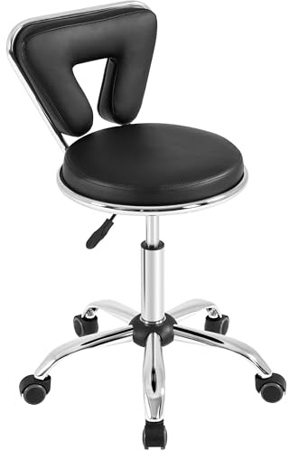 Yaheetech Tabouret de Bureau avec Dossier Réglable 46,5-61 cm Pivotant, Tabouret à roulettes en Similicuir et Métal pour Salon de Massage, Coiffeur Salon de Beauté Manucure Clinique Bureau