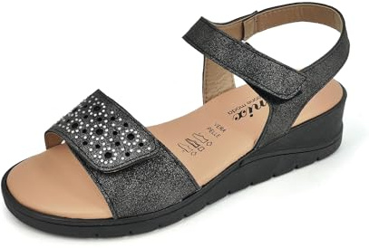 JOMIX Sandali Donna Estivi con Zeppa Bassa in Vera Pelle Eleganti con Strass Comodi con Chiusura a Strappo Made in Italy TD2942 Nero 40
