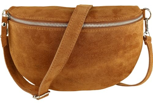 MIRROSI® Bauchtasche Damen, Made in Italy, Echtleder Umhängetasche Echtes Leder, Brusttasche, Crossbody Bag aus WLD Veloursleder, in 3 Größen erhältlich (Braun WLD Silberner Reißverschluss) (Gr.M)