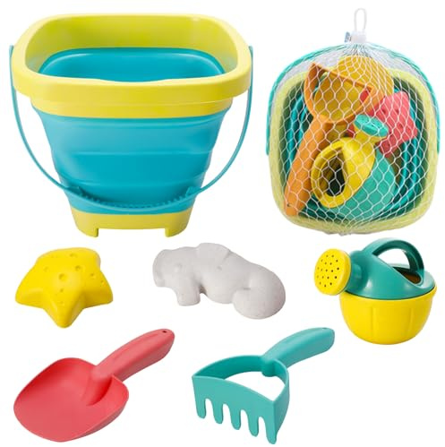 Kids Beach Toys Foldable Beach Bucket And Spade Set Seahorse and Starfish Molds Sand Shovels Watering Can with Mesh Bag Sand Toys For Kids Boys Girls