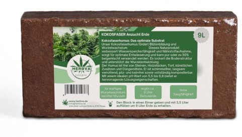 Bio Kokoserde - Herbva Grow 9L (650g) | Hochwertige Kokosfaserhumus für Indoor & Outdoor, Kokoserde, Professioneller Growmix | Ideal für den Anbau von heimpflanzen | Bio Erde | Growerde Bio