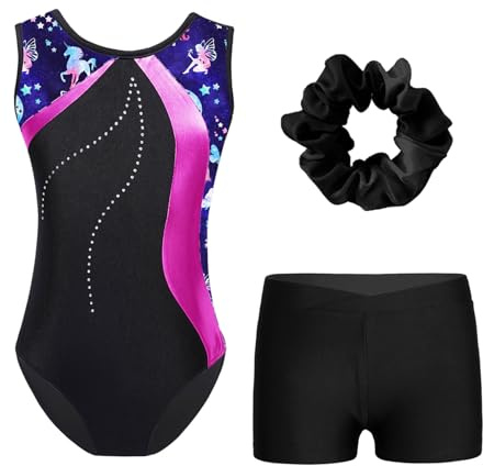 RUNQHUI Enfant Fille Justaucorps Gymnastique avec Short Ensemble Gym Danse Ballet Tenue Patinage Artistique Dancewear 3-14 Ans A Rose vif 7-8 ans