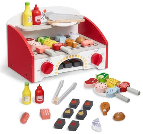 VEVOR Jouet Barbecue Grill Set, 26 PCS, Ensemble de Jouets de Cuisine en Bois pour Enfant, avec feu de Carbone réaliste, Jeux de Petit Chef interactif d'intérieur/extérieur pour Cadeau de 3-8 Ans
