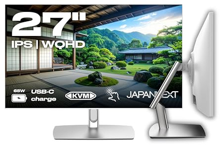 JapanNext Touchscreen Monitor Weiß 27 IPS WQHD (2560x1440) mit Schwenkarm | HDR | USB-C-Ladung (65W) | Höhen- und Neigungsverstellung (HSP) | G-Sync/FreeSync | JN-IPS27WQHDR-C65W-FLD-T