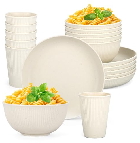 18PCS Wheat Straw Dinnerware Sets Unbreakable Reusable Dinnerware Set for 6, Microwave Dishwasher Safe Dinnerware for Outdoor Camping Dishes