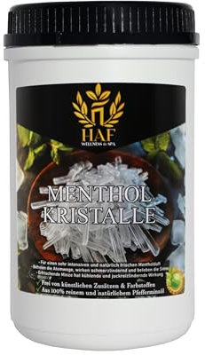 HAF® Cristaux de menthol 500 g dans une boîte | Cristaux de sauna à base d'huile de menthe 100 % pure | Accessoires pour sauna | Infusion de sauna | Libère les voies respiratoires et assure un parfum
