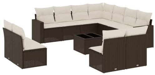 vidaXL Garten Sofa Garnitur 12-TLG., Gartenmöbel Set mit Kissen, Sitzgruppe für Garten Terrasse, Modular Gartensofa Lounge, Tisch mit Glasplatte, Braun Poly Rattan