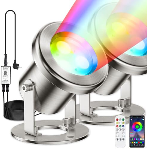 LyLmLe Faretti per Laghetto Controllo APP, 6W RGB Luci Sommergibili LED per Laghetti Acciaio Inox Subacquea con Trasformatore 12V, Lampade per Fontane Impermeabili IP68 per Acquario Set 2,Cavo Nero