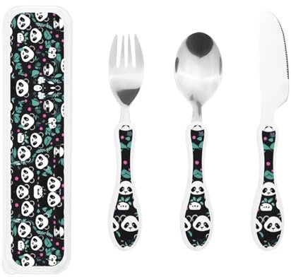 Süßes Pandagesicht-Westerngeschirr, 3-teiliges Set aus Steakmesser, Gabel und Löffel – Design aus 304er Edelstahl und PP-Kunststoff für Kinder