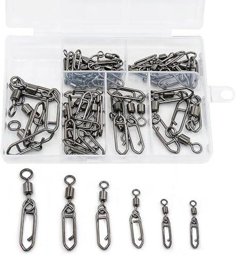 Natufish 50Pcs High Strength Fishing Swivels | Ball Bearing Snap Swivels with Stainless Steel| Saltwater/Freshwater Quick-Change Snap Swivels (Black Rolling Swivel 50 Set_3/0# to 4#)