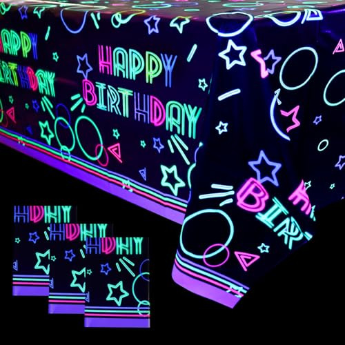 XJLANTTE 4-pack glödande party bordsduk tillbehör – neonplast födelsedags bordsöverdrag, svart ljus fluorescens rektangel bordsduk 130 cm x 220 cm för att glöda i mörkret födelsedagsfest dekorationer