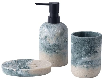Badezimmer Set, 3 Teile Bad Set aus Seifenspender, Seifenschale u. Zahnbürstenhalter, Harz-Badezimmer-Sets 3 Stück (Grau-Grün)