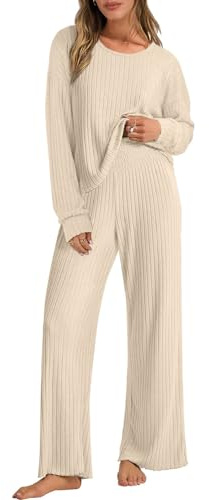 Yutdeng Tuta Donna 2 Pezzi Maglia a Coste Maniche Lunghe con Girocollo e Pantaloni Lunghi a Gamba Larga Casual Elegante Completi Tuta Sportiva Tinta Unita Completo Set per la Casa, da Jogging,Beige,S
