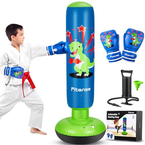 Fitense Sacco da Boxe per Bambini 120cm - Pungiball Bambini con Guanti da Boxe e Pompa per Ragazzi e Ragazze Dai 3-8 Anni, per Praticare Karate, Taekwondo, MMA, Design Dinocool