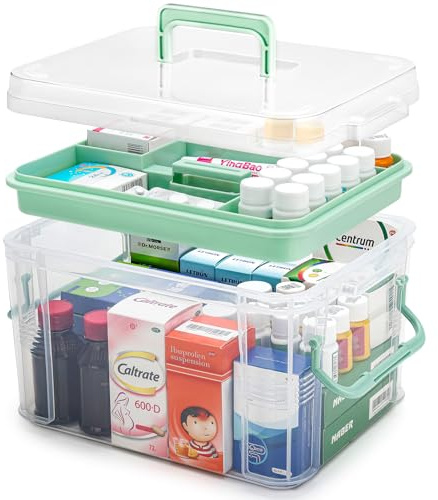 15QT Clear Medicine Organizer Storage Box with Handle & Tray - Thickened Plastic Empty First Aid Box, Multipurpose Medical Container with Lids/Labels, Medication Caddy for Home, Baby, Elderly, Dorm