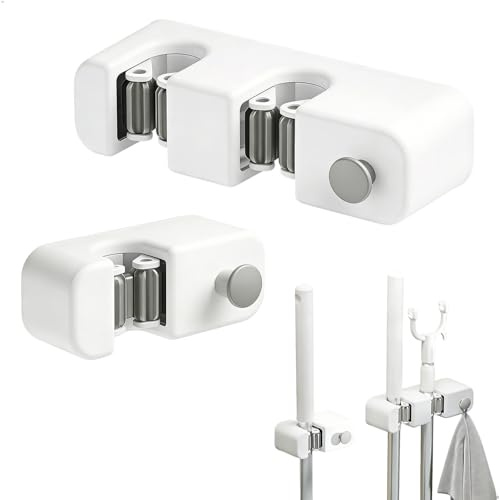 Colgador Escobas y Fregonas, Organizador Herramientas Pared Soporte Escobas Pared Autoadhesivo 2 Piezas, Cuelga Escobas Pared Colgador de Escobas y Fregonas, en ABS 11x6,5x4,5 cm y 17,5x6,5x4,5 cm