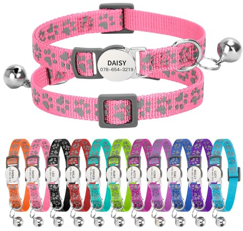 Personalised Reflective Cat Collar with Name Tag,Quick Release Kitten Collars with Bell Safety Buckle, Adjustable Nylon Cat Collar for Cats Kittens UK Prime (Adjustable 19–30 cm, Pink Paw)