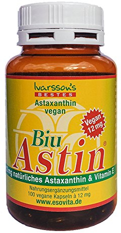 Astaxanthin I 100 Kapseln vegan I Ivarssons BiuAstin I 12 mg natürliches Astaxanthin aus Hawaii I mit Vitamin E