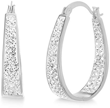 Devin Rose Oval Inside Outside Hoop Earrings for Women Faceted Sparkle Crystals in Rhodium Plated Brass White