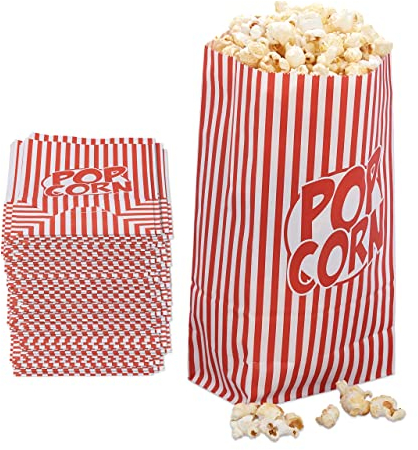 Relaxdays Popcorntüten 144er Set, Papier, Zubehör Kino, Filmabend, Kindergeburtstag, Retro Tüten für Popcorn, rot-weiß