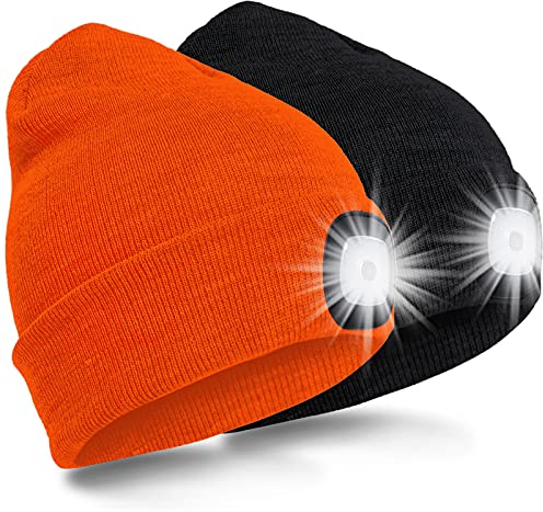 SPGOOD LED Beanie Beleuchtete Mütze mit Licht,Wiederaufladbare Winter Warm LED Haube mit Lampe für Angeln,Jogger,Camping,Laufen,Geschenke für Männer Frauen(Schwarz&Fluoreszierendes Orange)