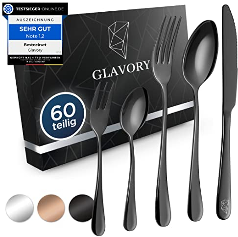 Glavory Lumina - Besteck Set 12 Personen Schwarz Hochglanz - 60teilig - Besteckset Spülmaschinenfest aus rostfreiem 18/8 Edelstahl - Schwarzes Besteck mit edler Verpackung