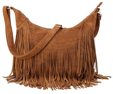 Sunwel Fashion Damen-Hobo-Tasche mit Fransen, Western-Geldbörse, Umhängetasche, veganes Wildleder, Quaste, Hippie-Umhängetasche, Braun