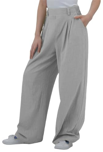 SotRong Leichte Sommerhose Damen Leinenhose Lang Stoffhose Elegant Palazzo Hose Sommer Relaxhose Mit Gummizug High Waist Hose Gerades Bein Baumwollhose Loose Fit Travel Hose mit Taschen Grau L
