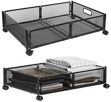 Caja de almacenamiento para debajo de la cama con ruedas, 63 cm de metal móvil y plegable, gran estante de almacenamiento para debajo de la cama, organizador de ropa de zapatos, edredones (2)