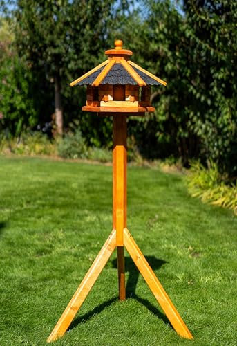 Deko-Shop-Hannusch Vogelhaus wahlweise mit Ständer und Solarbeleuchtung, Verschiedene Größen L - XXL, Futtersilo, wetterfestes Bitumendach (Größe M mit Ständer und Solar, schwarz)