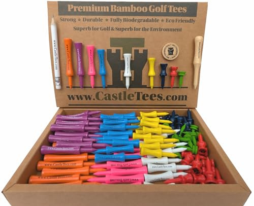 Castle Tees Official Bamboo Golf Tees up to 140 Tees 9 Sizes & Colours Premium Super Strong in Orange Purple Pink Sky Blue White Yellow Navy Blue Red Green Free Pitch Repair Tool